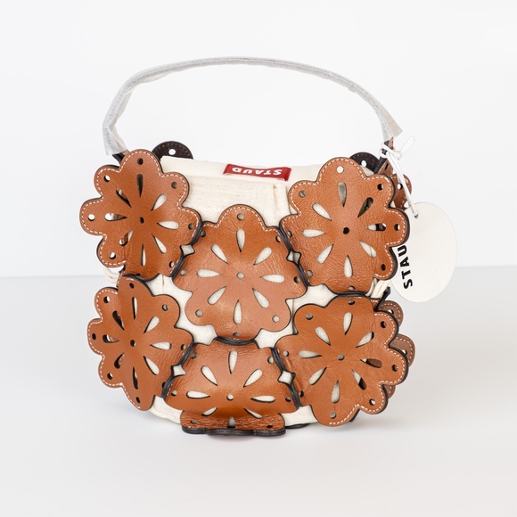 NWT STAUD Beige & Tan Flora Basket Leather Top-handle Small Bucket Bag - Picture 6 of 9